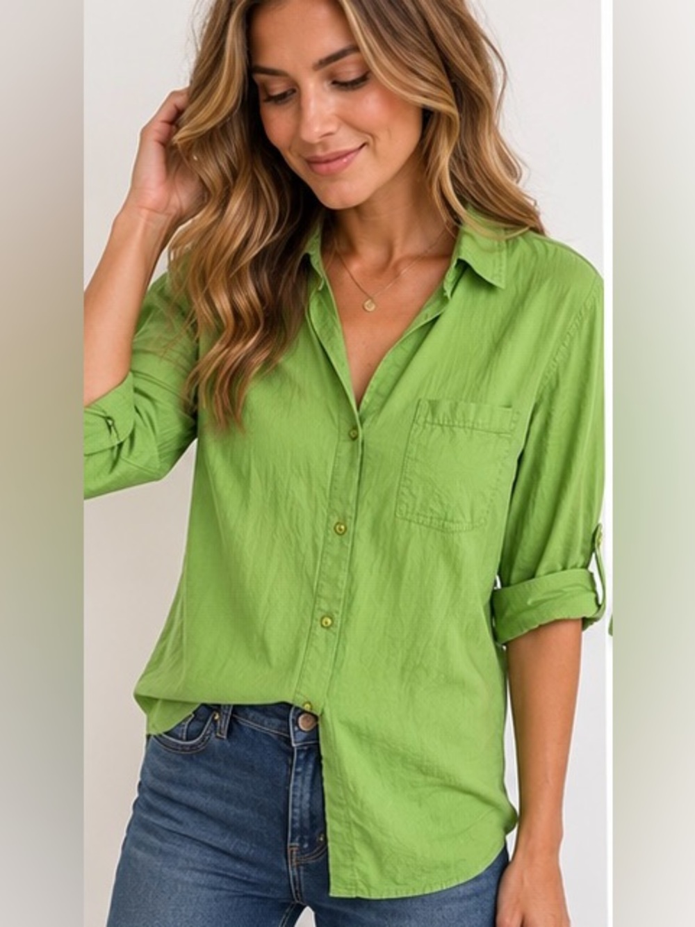 True Destinations Women’s Small Green Cotton Button Down Shirt Roll Tab Sleeve